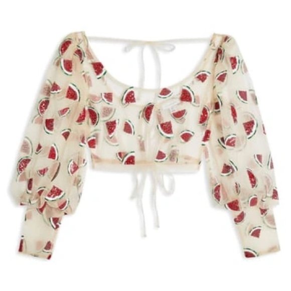 Topshop Tops - TOPSHOP women’s watermelon print sequins sheer top US 4